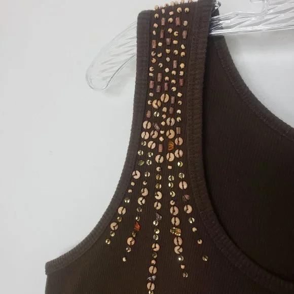 STO Women's Chocolate Sequined Scoop Neck Cotton Shell Shirt Blouse Tank Top - Picture 3 of 11